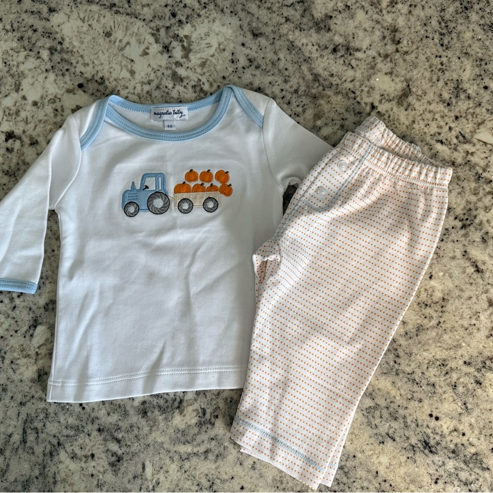 Magnolia Baby White and Blue Tractor Pajama Set